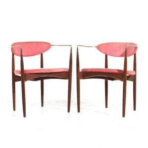 Dan Johnson For Selig Mid Century Brass And Walnut Viscount Chairs Pair