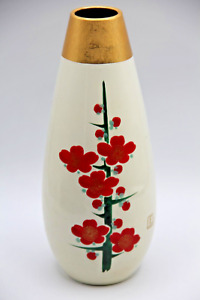 Japan Resin Plastic Bud Vase White W Gold Trim Hand Painted Red Flowers