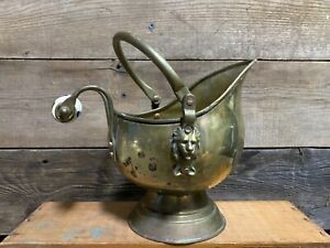 Antique 1900s Brass Coal Scuttle Bucket Delft Porcelain Handle