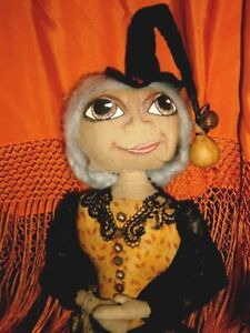 Primitive Folk Art Witch Art Doll Thelma Broom Big Eyes Hand Stitched Ooak