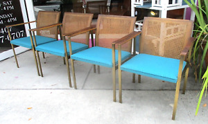 Set 4 Vintage Lane Chairs Brass Frames Wicker Backs Rosewood Arms Mcm Retro Mod