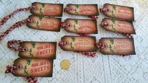 10 Christmas Old World Primitive Farmhouse Handmade Linen Cardstock Gift Tags