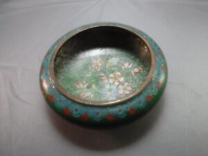 Vintage Low Profile Chinese Cloisonne Bowl Green W Floral Design Nice Cc