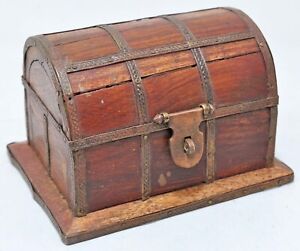 Vintage Wooden Small Half Round Top Box Original Old Hand Crafted Copper Fitted