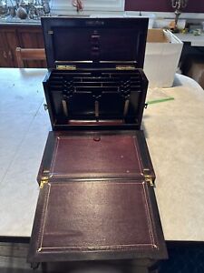 Antique Late Victorian Fine Wood Inlay Travel Stationary Box W Writing Slope