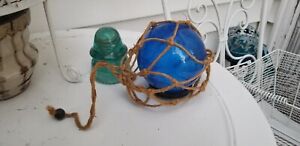 Light Up Lamp Glass Fishing Float Cobalt Crackle Blue 5 Nautical Rope Ball Aaa
