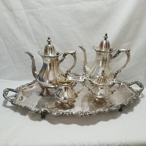 Wallace Silver Plate Coffee Tea Set 5 Piece Large Tray 28 Rosepoint Pattern