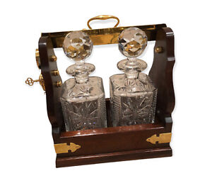 2 Decanter Swing Top Tantalus Solid Brass Fittings Lead Crystal Decanters