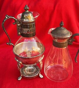 Vintage Silver Plate Glass Coffee Tea Carafe Pitcher W Footed Warmer Stand