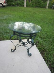 Vintage Salterini Style Round End Table Green Metal Glass Top
