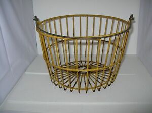 Antique Vintage Farmhouse Yellow Coated Metal Wire Gathering Egg Basket Large B