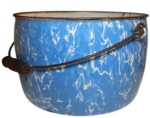 Early 20th C Antique Lg Marblelized Blue Wht Enml Steel Bucket W Wire Handle