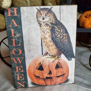Folk Art Primitive Antique Vintage Victorian Style Halloween Owl On Pumpkin Sign
