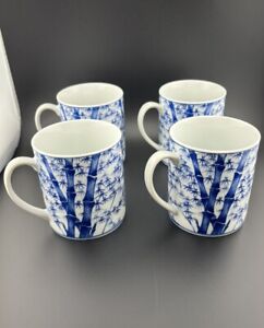 Antique Set Of 4 Chinese Bamboo Mug Porcein Blue White Handcrafted Stamped Cup