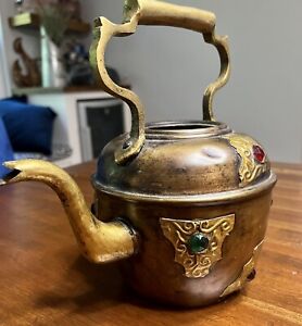 6 Copper Brass Teapot Tea Kettle W Red Green Gems