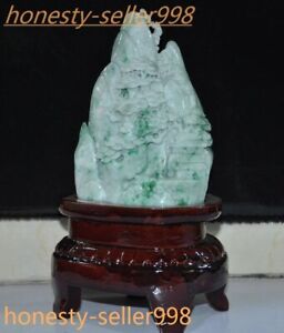 9 Chinese 100 Natural Green Jade Jadeit Carved Pine Landscape Scenery Statue