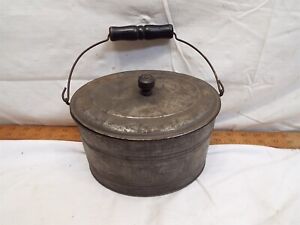 Antique Oval Tin Steel Lunch Pail Mining Bucket School Box Bucket Lid Wood Knob