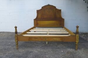 French Early 1900s Hand Painted Distressed Carved Queen Size Bed 3616