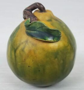 Chinese Altar Fruit Pear W Leaf Figurine Crackle Glaze Offering Temple Pottery