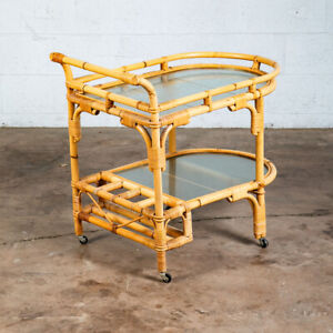 Mid Century Modern Serving Cart Trolley Bamboo Glass Rolling Bar Tile Tiki Cane