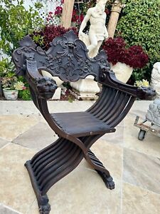 Medieval Gothic Renaissance Carved Face Throne Armrest Savonarola Chair
