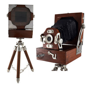 Vintage Old Film Camera With Wooden Tripod Stand Antique Style Tabletop D Cor Ne