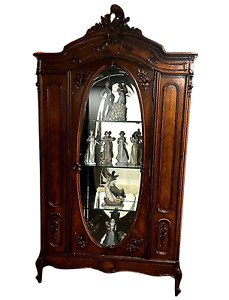 Display Cabinet Armoire Carved Wood Mirror Victorian Antique Early 1900s 