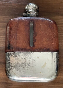 Antique 1800 S Silver Leather Glass James Dixon Sons 5 8 Pint Hip Flask