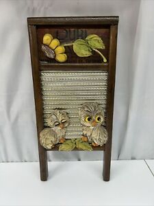 Vintage Dubl Handi Washing Board With Hand Made Owl Art Sunflower Dark Wood