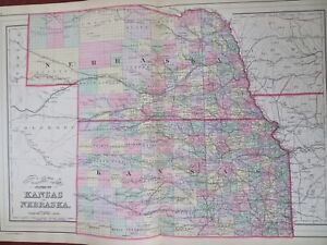 Kansas Nebraska States 1887 Large Hand Colored Bradley Mitchell Map