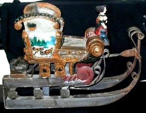 Great Old Folk Art Carved Wooden Iron Sleigh Hand Painted Woman Dogs