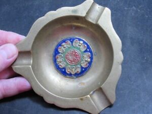 Antique Chinese Brass Enamel Ashtray Early 1900s Bats Good Luck