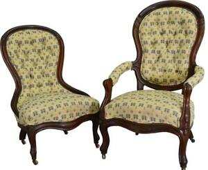 Antique Parlor Chairs Victorian Pair Carved Upholstered Chairs 17567