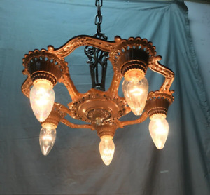Antique Vtg Cast Iron Hanging 5 Light Chandelier Candelabra Fixture Old 1791 23b