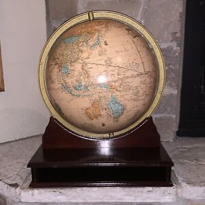 Vintage Cram S Imperial Raised Relief World Globe Wood Stand Atlas Holder Mcm
