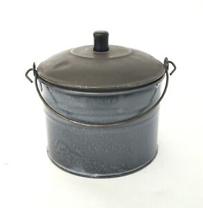 Antique Country Farmhouse Gray Enameled Berry Bucket Tin Lid And Bail Handle