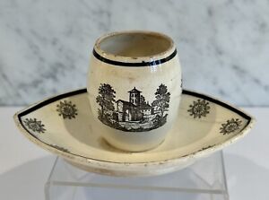 French Creil Creamware Black Transfer Condiment Attached Stand C 1810