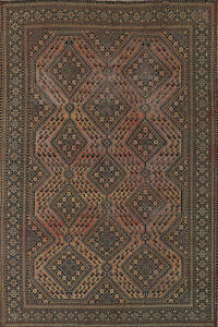 Vintage Distressed Bakhtiari Geometric Rust Wool Hand Knotted Area Rug 7x10