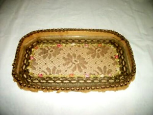 Antique French Fabric Vanity Tray Metallic Passementerie Lace Silk Roses Glass