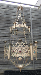 Antique Church Neo Gothic Brass Religious Chandelier Candle Holder Lamp Stones