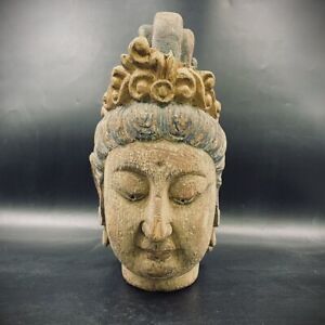 Japanese Antique Wooden Buddha Head Figure Hand Carving Height 37cm 14 4inch