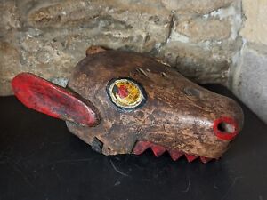 A Primitive African Mambila Hyena Zoomorphic Mask Carved Wood Rare Tribal Art