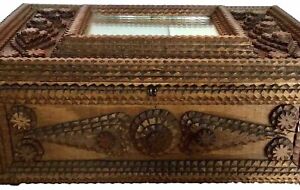 Substantial Tramp Art Box Antique Finely Crafted Hearts Stars Mirror On Top
