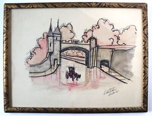Vintage Mid Century Modern Ink Watercolor Painting La Porte St Louis Signed