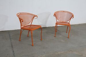 Pair Of Mid Century Orange Salterini Style Outdoor Metal Curved Back Chairs B