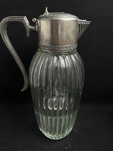 Vintage Ribbed Glass Claret Jug Ewer Chill It Pitcher Silver Plate Hinged Top