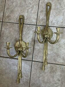 Vtg 1940 S Pair French Louis Xvi Style Solid Brass Wall Candle Sconces Tassel