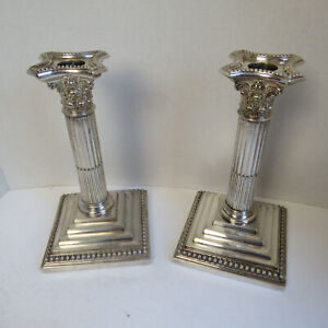 Pair Of Antique English Silver Plated Wm Hutton Sons Fluted Candlesticks