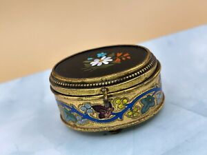 19th C Italian Enamel Pietra Dura Miniature Jewel Box W Floral Mosaic