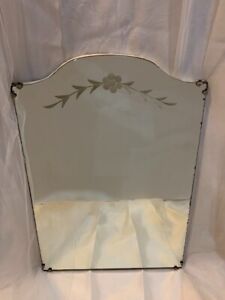 Vintage 1950s Art Deco Etched Mirror Mounted Arched Rectangle Floral